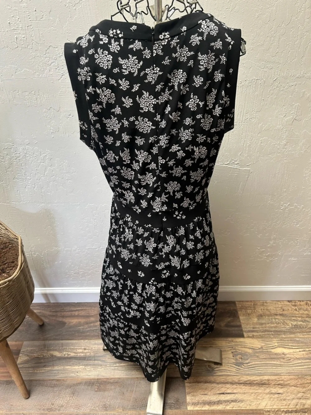 Michael Kors Black and‎ White Floral Midi Dress with High Neckline